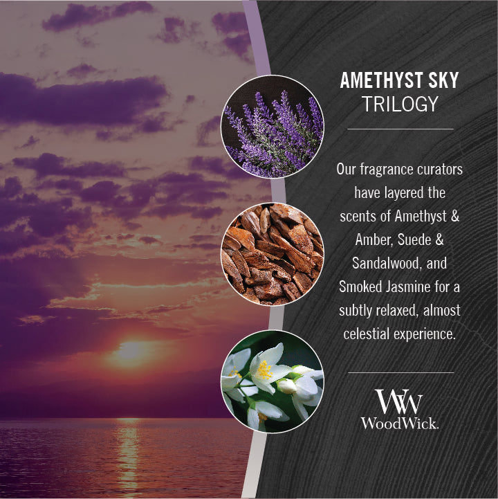 photo collage for woodwick amethyst sky trilogy fragrance with text that reads, our fragrance curators have layered the scents of amethyst and amber, suede and sandalwood, and smoked jasmine for a subtly relaxed, almost celestial experience