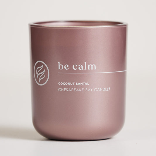 chesapeake bay candle intentions collection be calm coconut santal medium two wick candle in a white backdrop